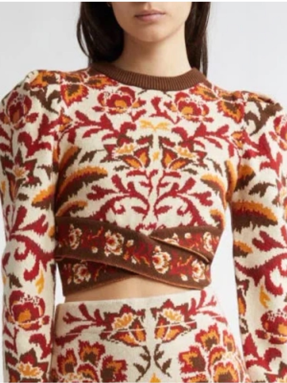 NWOT FARM Rio Cream/Burgundy/Mustard Floral Cropped Knit Sweater Crossover Hem